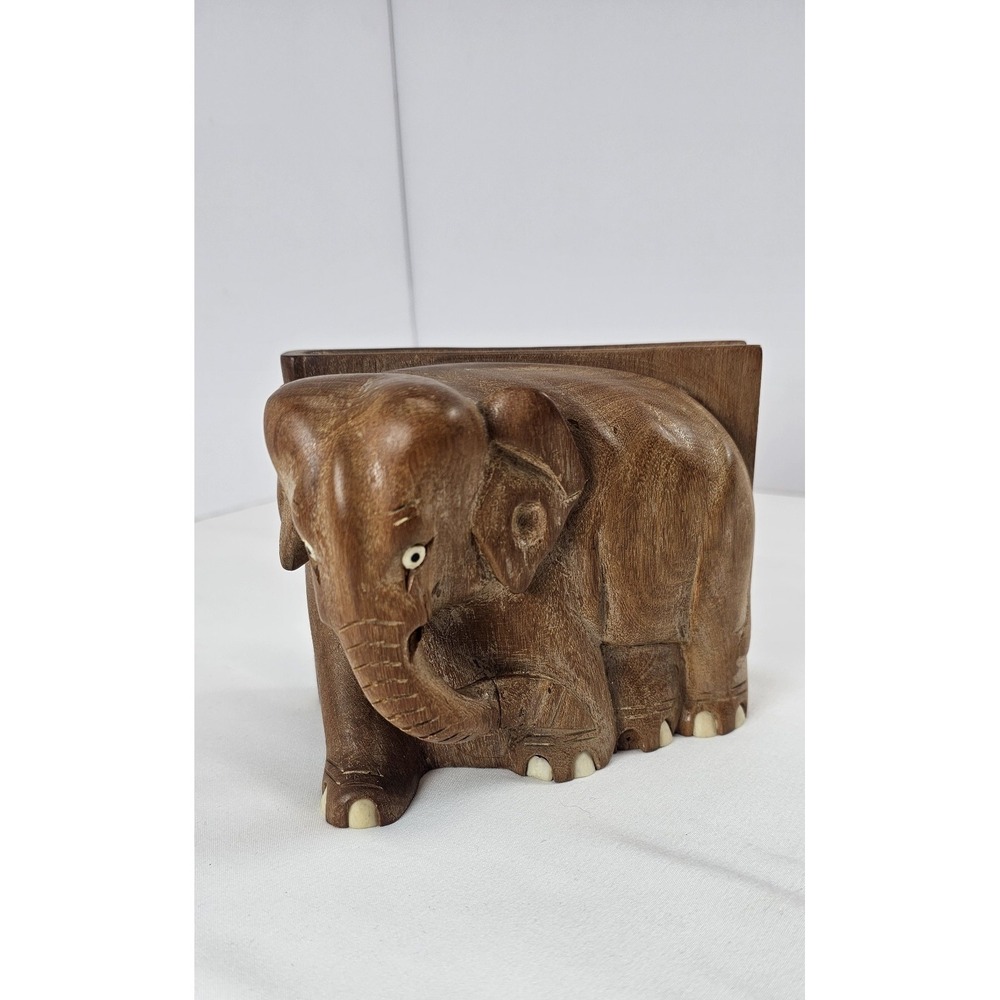 Vintage Hand Carved Wood Elephants Single Bookend Shell‎ Inlay Feet Decor India